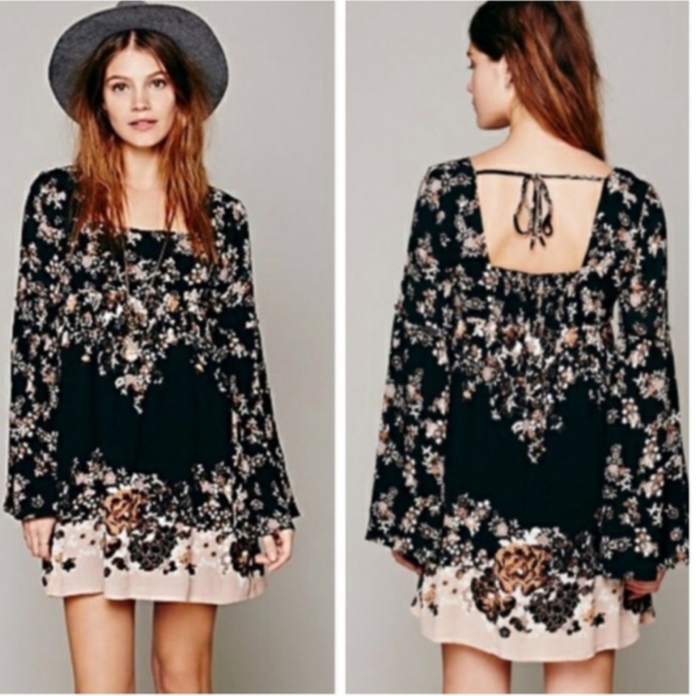 Free People Women Babydoll Dress Sz XS Bell Sleeve Square Neck Floral Boho Fairy